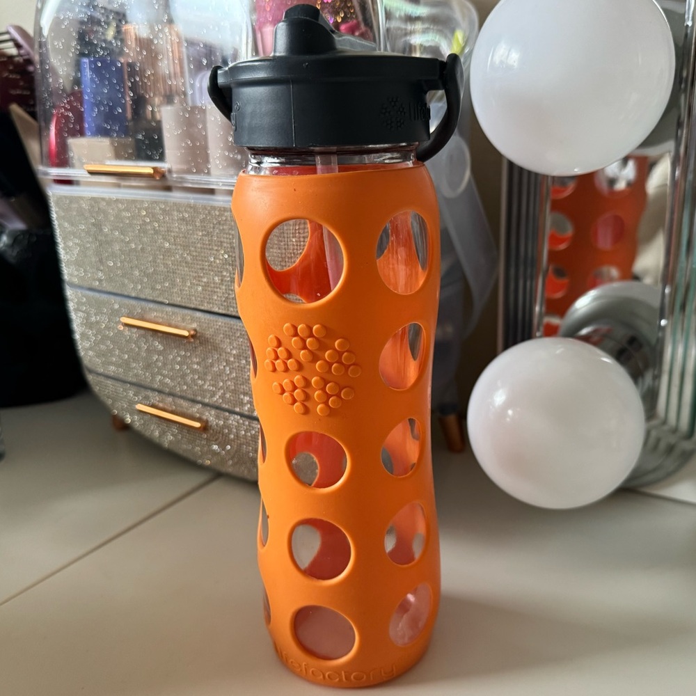 Life Factory Glass Water Bottle with Orange Silicone Cover and Straw Lid